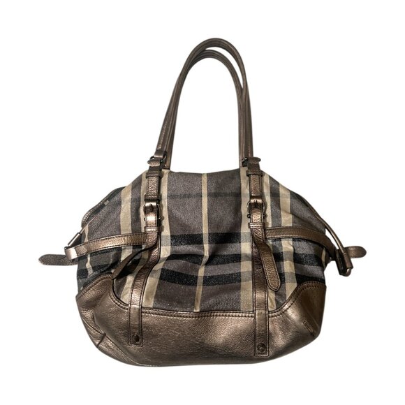 BURBERRY Metallic/Grey House Check Shimmer Fabric/ Leather Drawstring Buckle Bag - Picture 4 of 7